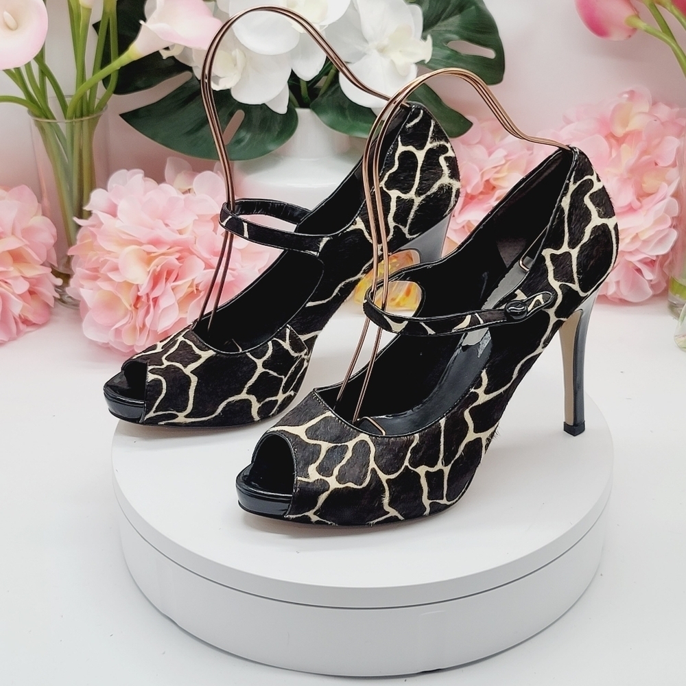 Nine West Giraffe Print Pony Hair Leather Slip On Peep Toe Stiletto Sz 9.5